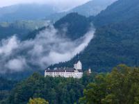 Wolken umschweben den Wald hinter dem Schloß